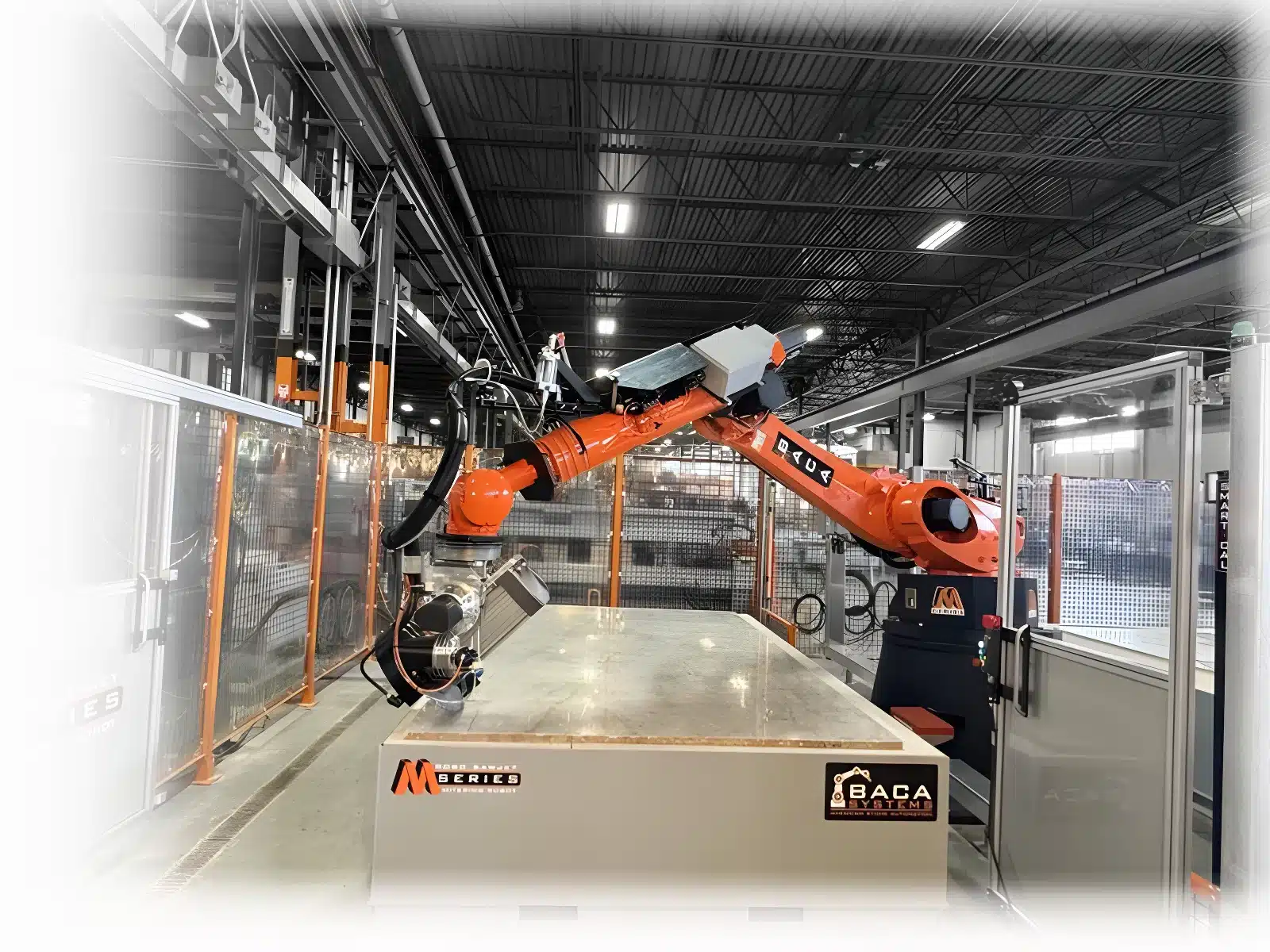 BACA Robo SawJet M Series 240 mitering a quartzite slab on the cutting table