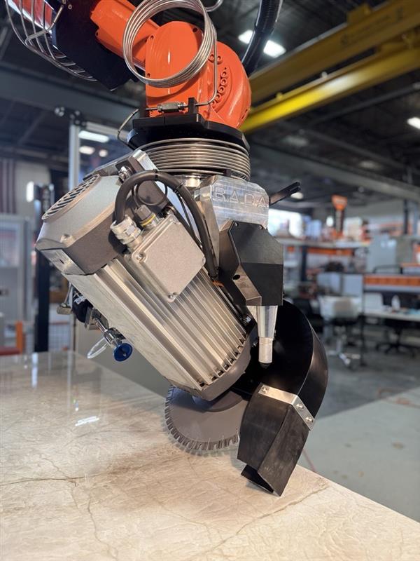 Close-up of BACA Robo SawJet M Series 240 in miter position showing saw blade